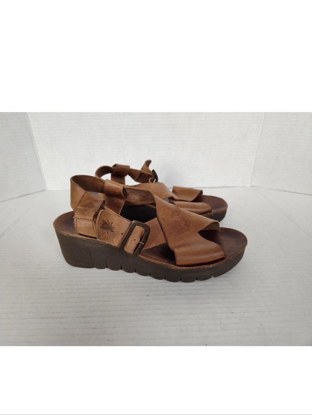 Fly London Brown Leather Wedge Sandals Criss Cross Straps size 38 US 7.5-8
